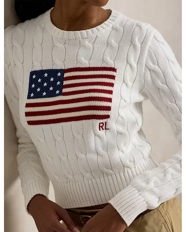 Укороченный свитер крупной вязки с флагом Ralph Lauren, белый — фото 4