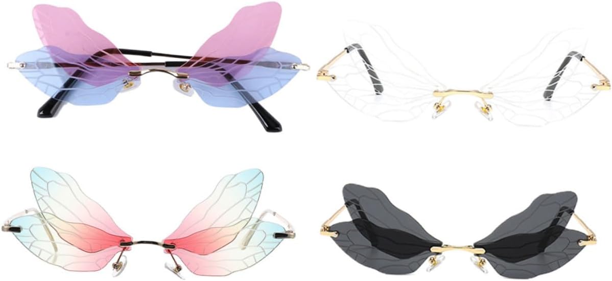 

Солнцезащитные очки Dragonfly Wing, без оправы, асимметричной формы, комплект из 4 штук, золотая оправа, черный, серый, розовый, синий, красный цвет, тонированные линзы, модные женские очки CALLARON, Assorted Color