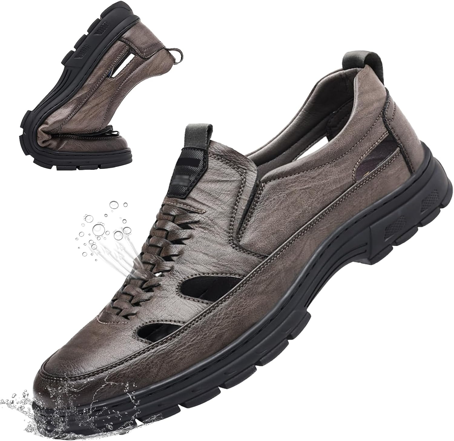 

Мужские спортивные сандалии с закрытым носком на липучке, кожаные, легкие, для ходьбы, противоскользящие, удобные, для пляжа, воды, походов, спорта, для использования дома и на улице Generic, темно-серый