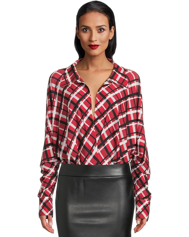 

Рубашка Norma Kamali Super Oversized Boyfriend Neck Shirt Bodysuit, цвет Red Bias Plaid
