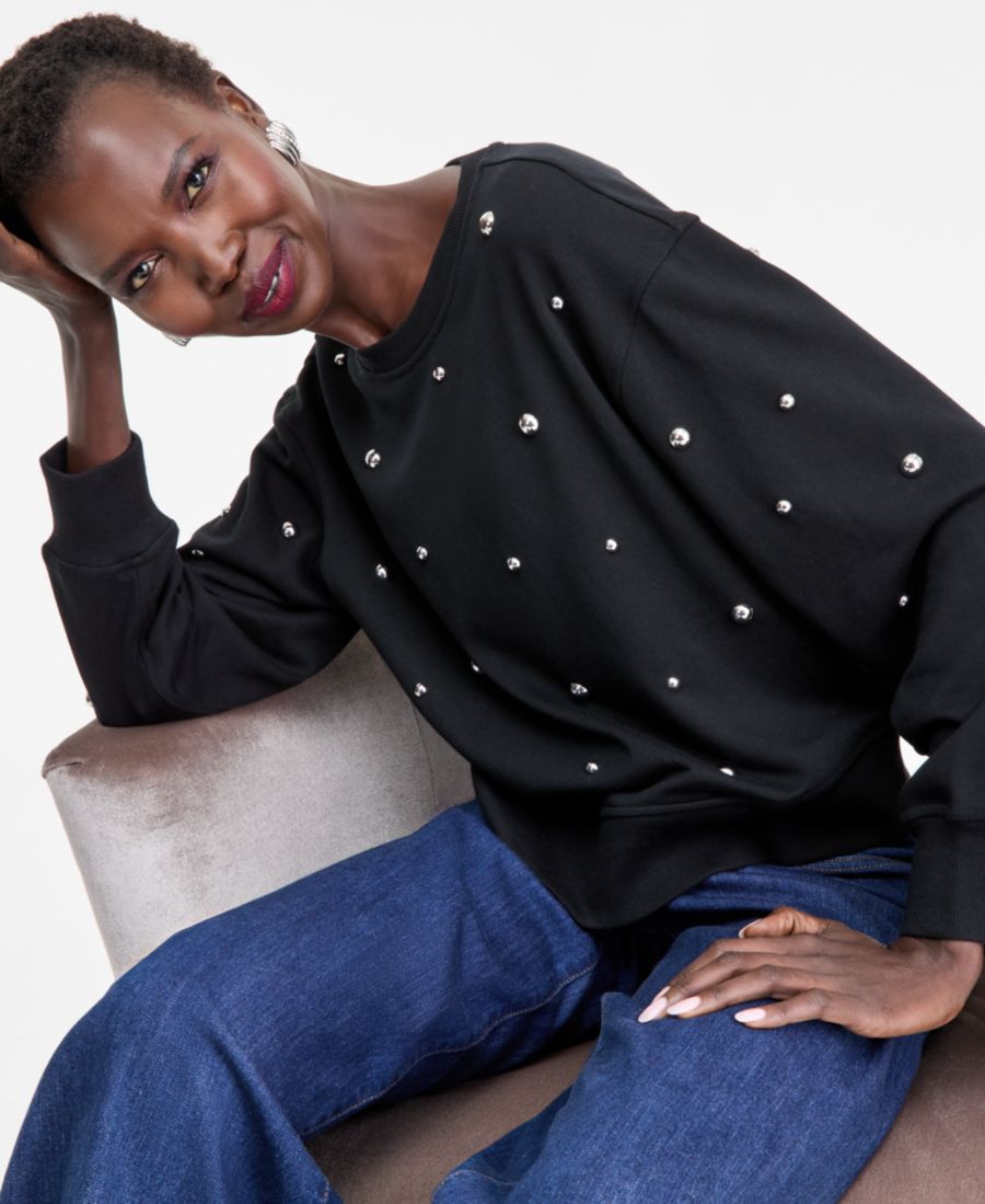 

Женская толстовка из французского махрового трикотажа с заклепками, эксклюзивно для Macy's INC International Concepts, Deep Black, Черный, Женская толстовка из французского махрового трикотажа с заклепками, эксклюзивно для Macy's INC International Concept