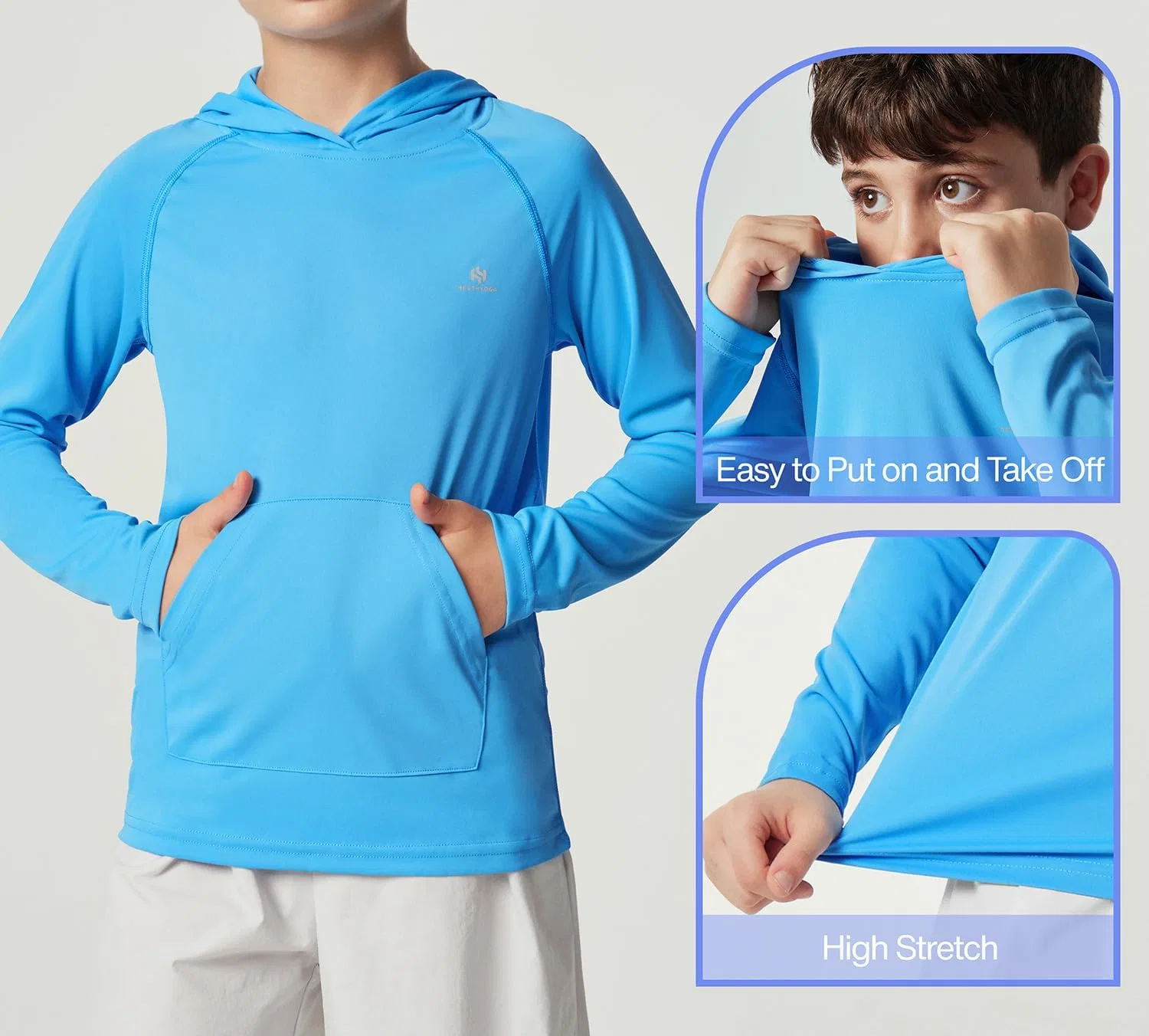 Футболка для плавания Heathyoga Rash Guard для мальчиков, защита от солнца UPF 50+, рубашка с капюшоном для рыбалки с карманом для малышей, Hoodie Blue — фото 4