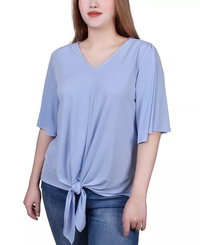 

Топ Petite с рукавами до локтя и завязкой спереди NY Collection, синий