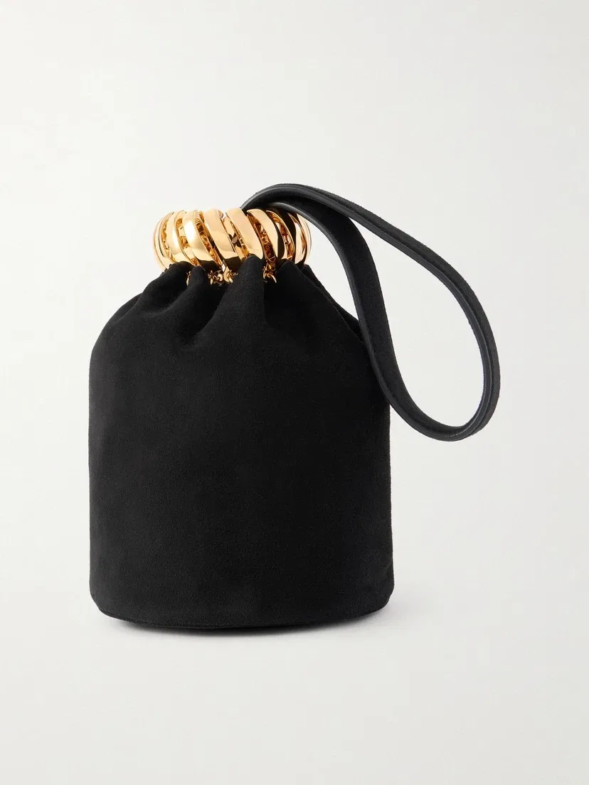 Alaïa Кожаная сумка-ведро из замши с отделкой под золото, черный — фото 3