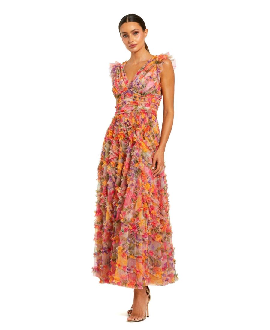 

Женское платье с цветочным принтом, сетчатой отделкой, оборками, V-образным вырезом и длиной до щиколотки Mac Duggal, Multi