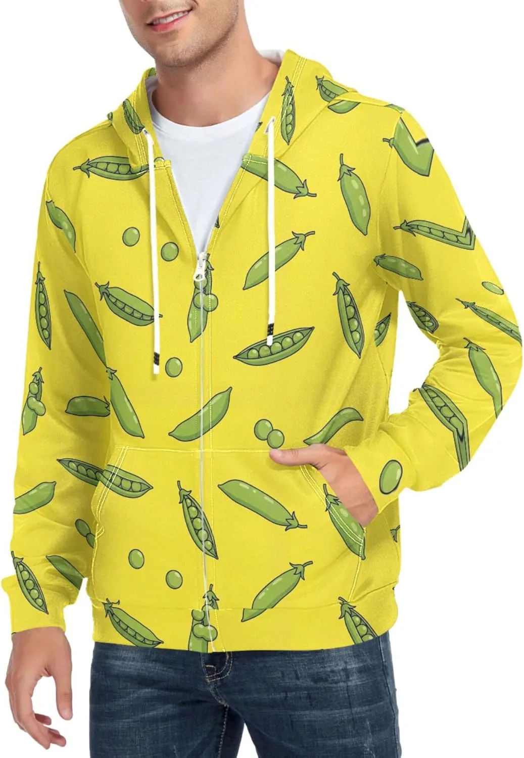 

Мужской худи на молнии Pea Pods с желтым фоном, длинный рукав и карман CUPADA