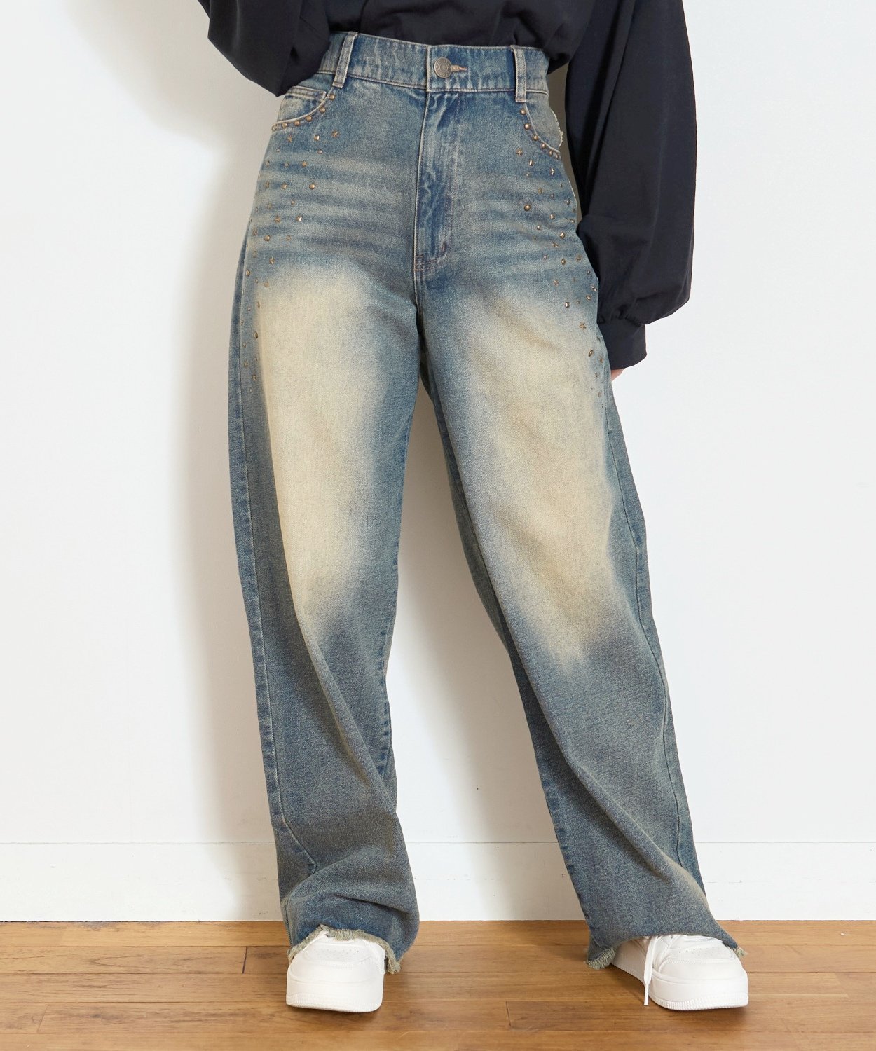 Джинсовые брюки с бахромой и заклепками Lovetoxic, Navy blue