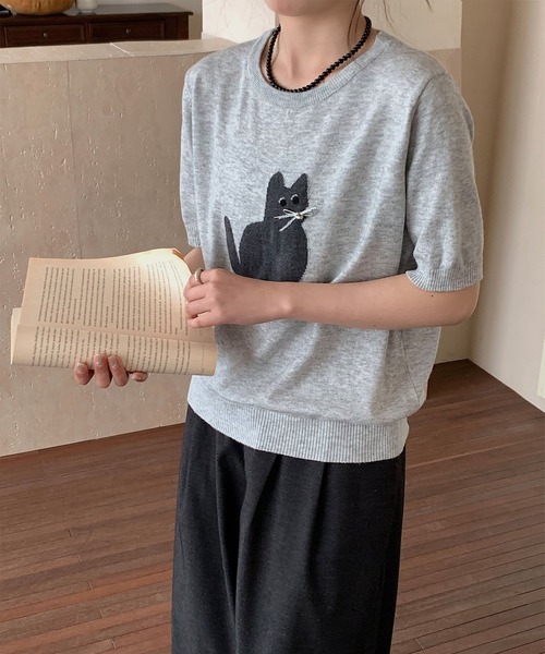 

Футболка вязаная летняя с принтом черной кошки Aimoha