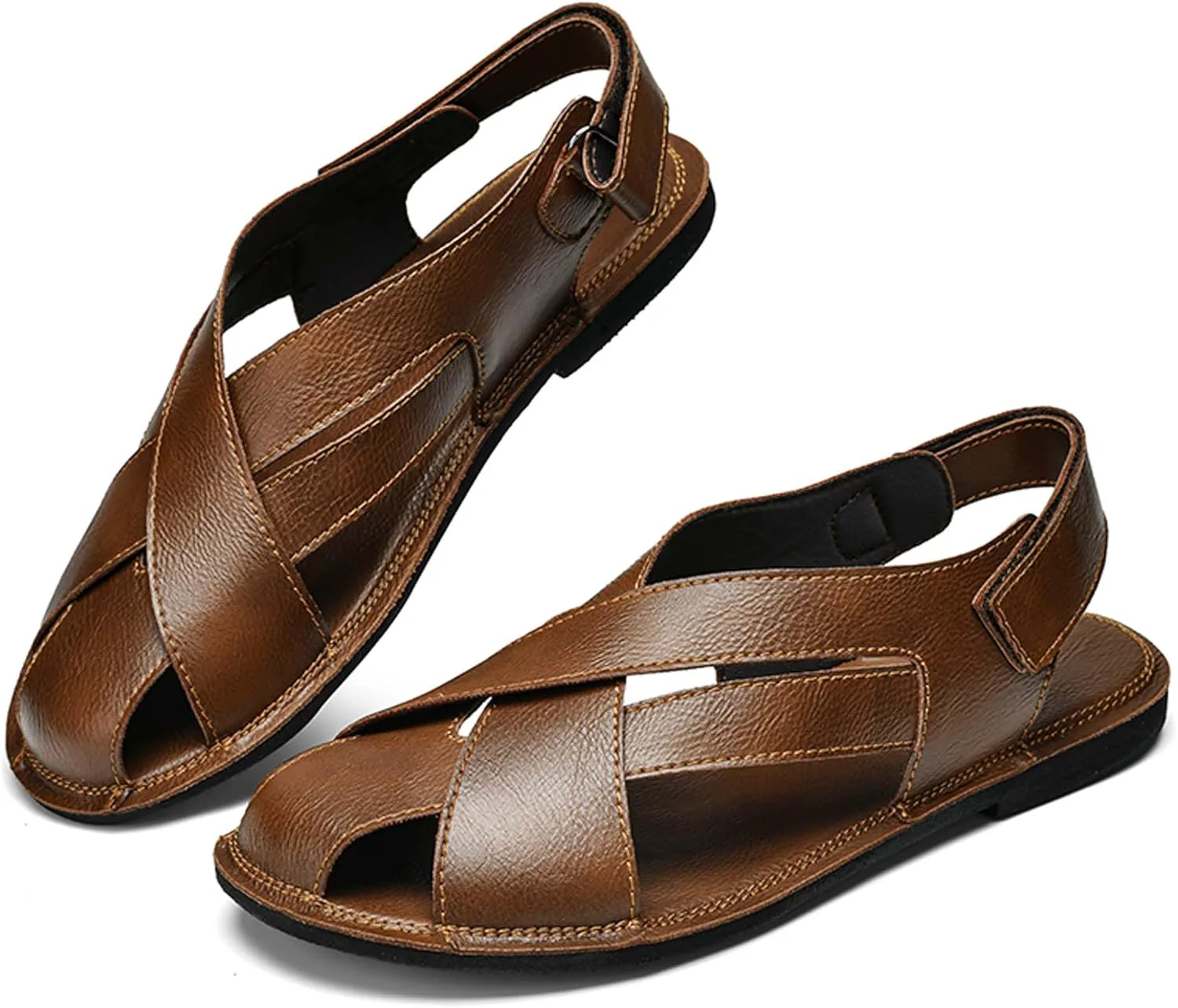Mens Fashion Leather Сандалии hook-and-loop Rome Сандалии Mens Barefoot Сандалии Business Сандалии Daily Casual Сандалии Soft and Breathable Anti-slip Wear-resistant Durable Vtiao, коричневый — фото 2