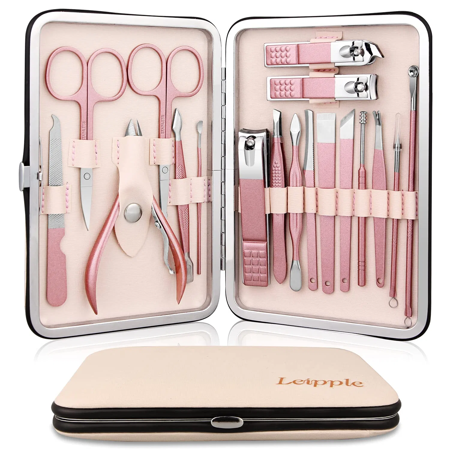 Профессиональный маникюрный набор Leipple из 18 предметов в кожаном чехле Leipple, Beige/Pink