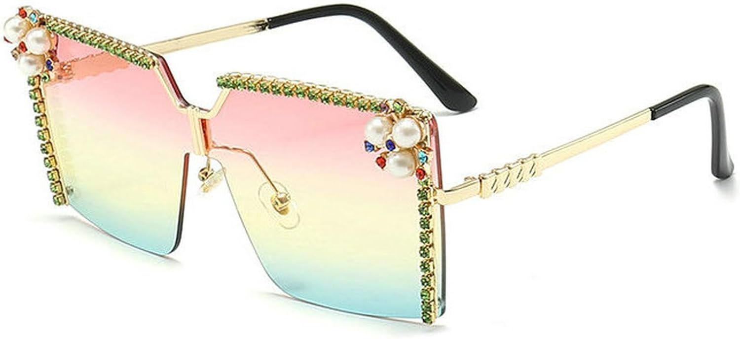 

Солнцезащитные очки COTIA увеличенного квадратного размера с бриллиантами, стразами и жемчугом для женщин. Модные безободковые солнцезащитные очки для вечеринок на открытом воздухе, Pink Yellow Green