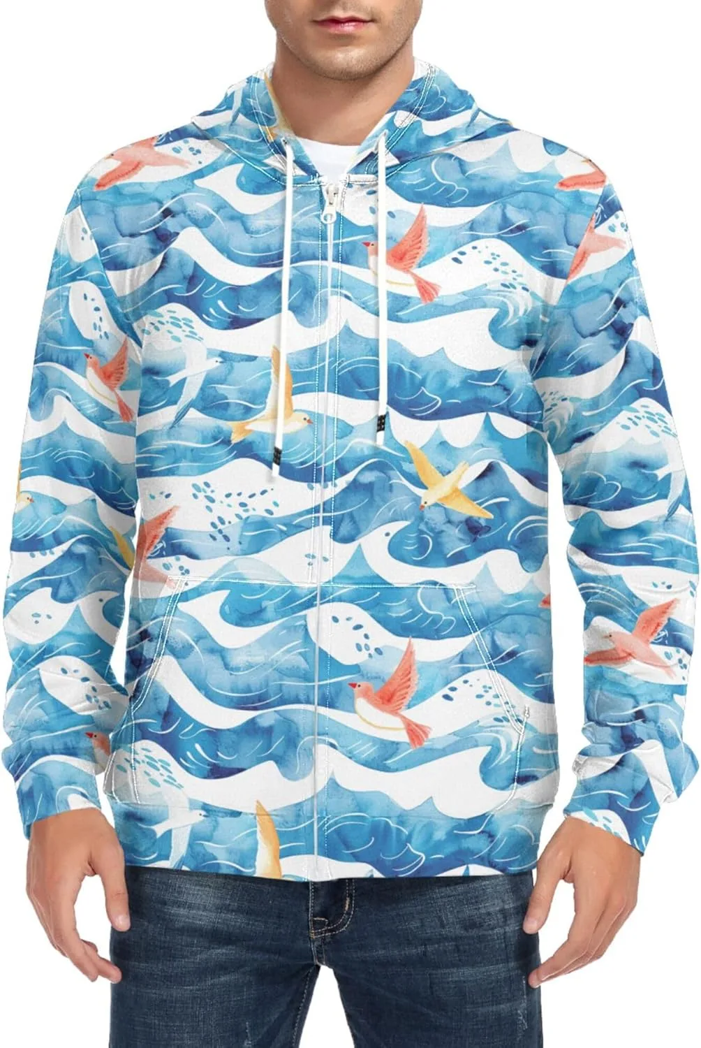 

Мужская толстовка с полной молнией Ocean Waves с птицами, длинный рукав, с карманом CUPADA
