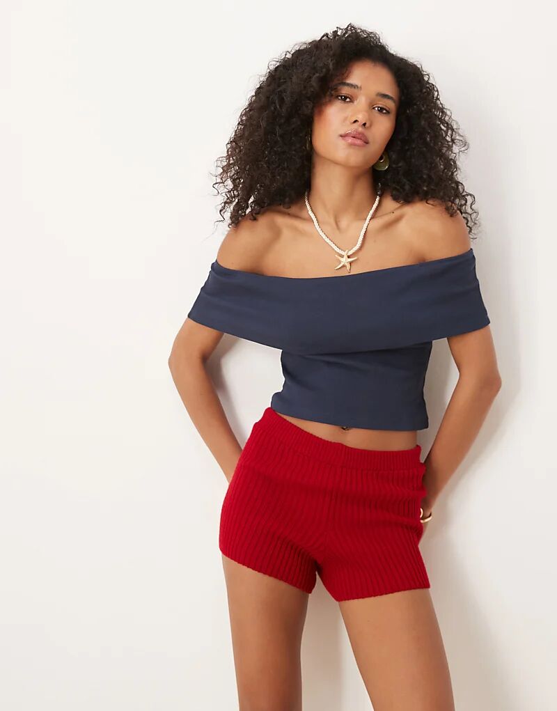 

Ребристый топ-бардо ASOS DESIGN с отворотом, темно-синего цвета