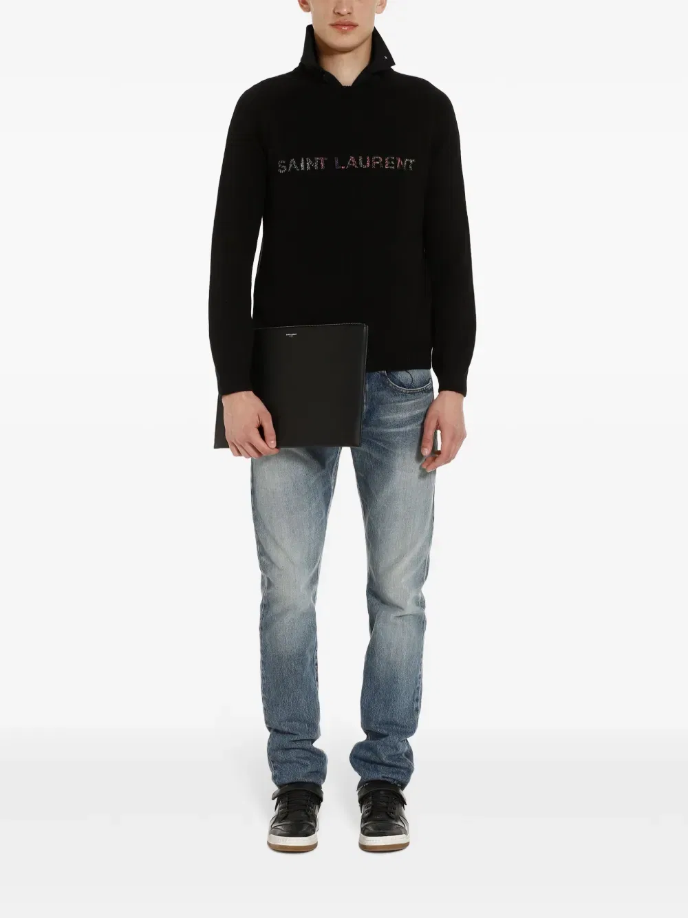 Свитер с вышитым логотипом из бисера Saint Laurent, черный — фото 2