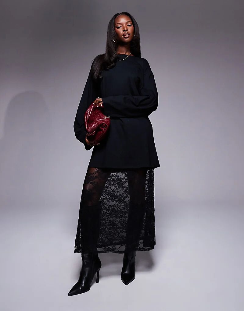 

Платье-футболка миди ASOS DESIGN 2 в 1 с кружевной юбкой черного цвета