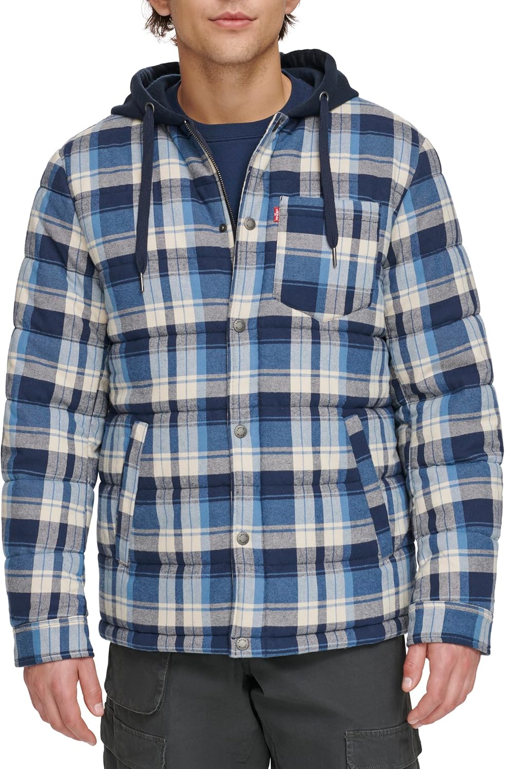 

Мужская клетчатая куртка-рубашка Levi's с капюшоном и подкладкой из шерпы (стандартные размеры, большие и высокие), Navy/Blue Plaid