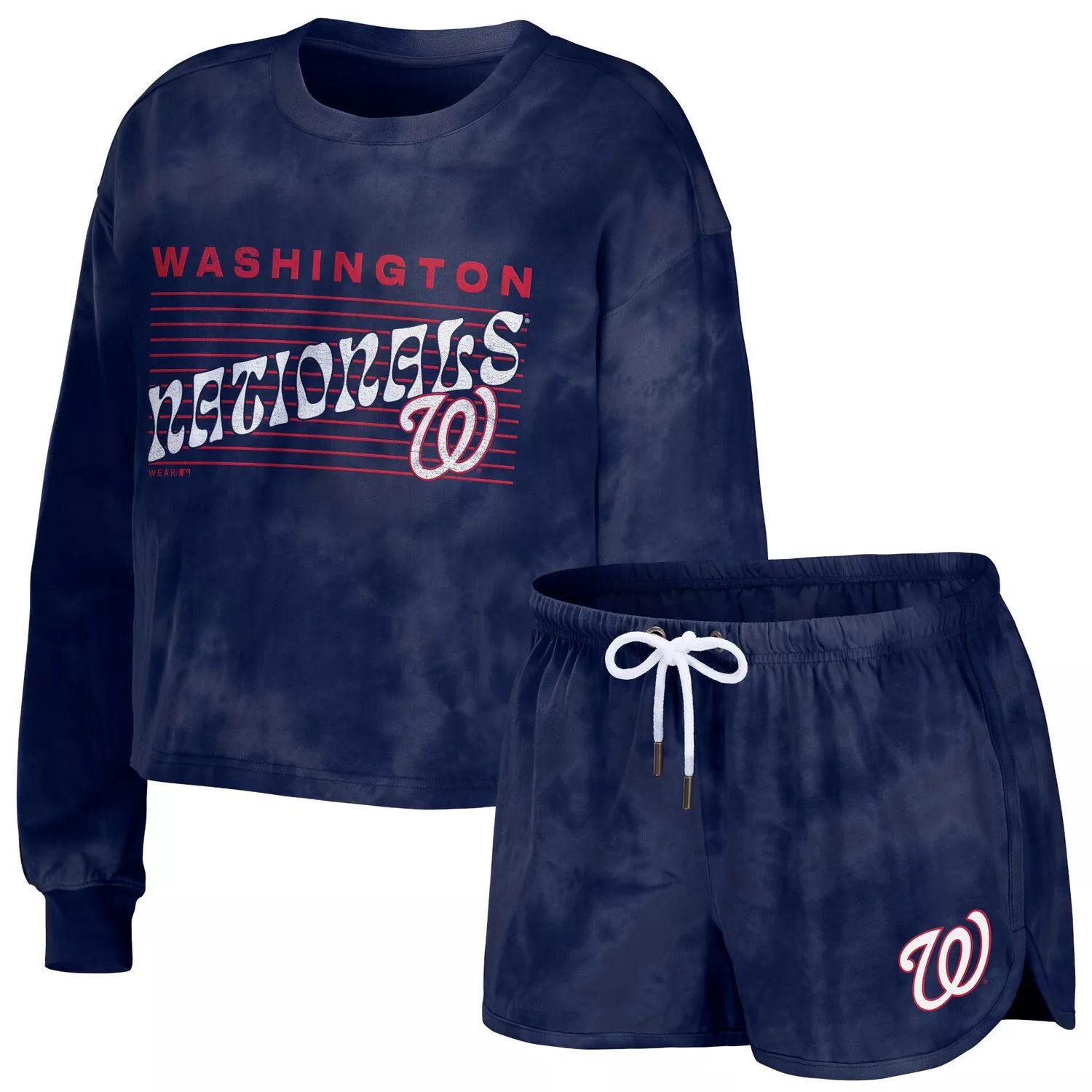 

Женская WEAR by Erin Andrews Темно-синий комплект из укороченного пуловера и шорт Washington Nationals с принтом тай-дай