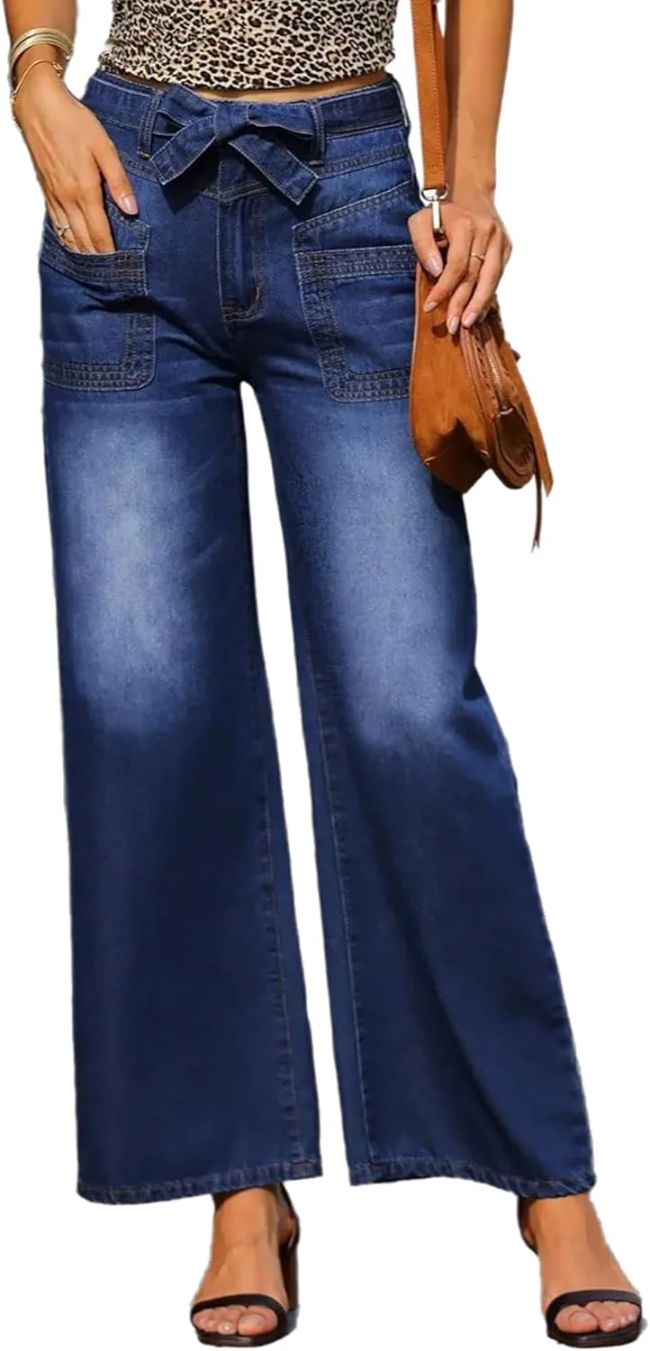 

Женские джинсы baggy wide leg mid waisted belt wash straight leg с карманами QLAUYIOE