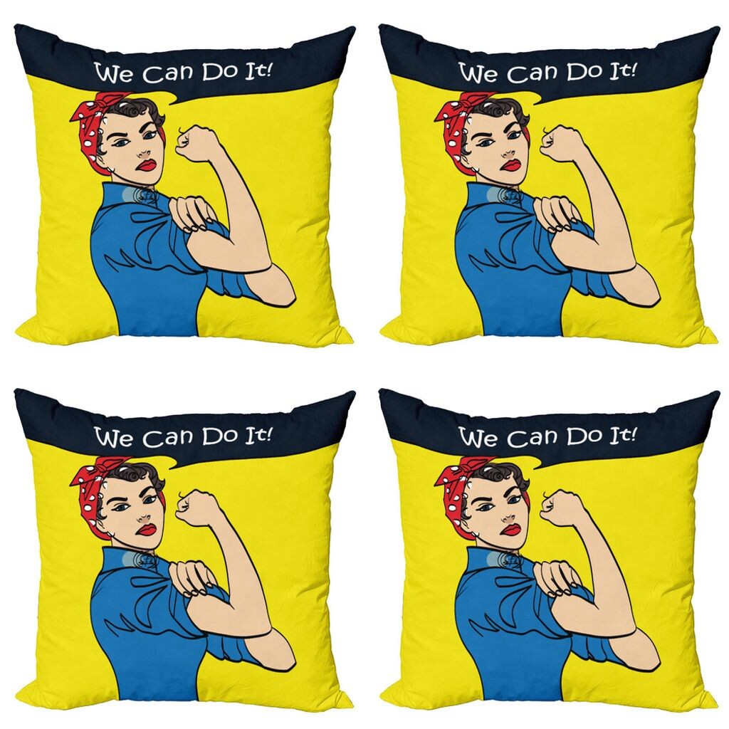 

ABAKUHAUS Феминистский комплект чехлов для подушек (4 предмета), We Can Do It Woman, современный двусторонний цифровой принт, 45 см x 45 см, многоцветный