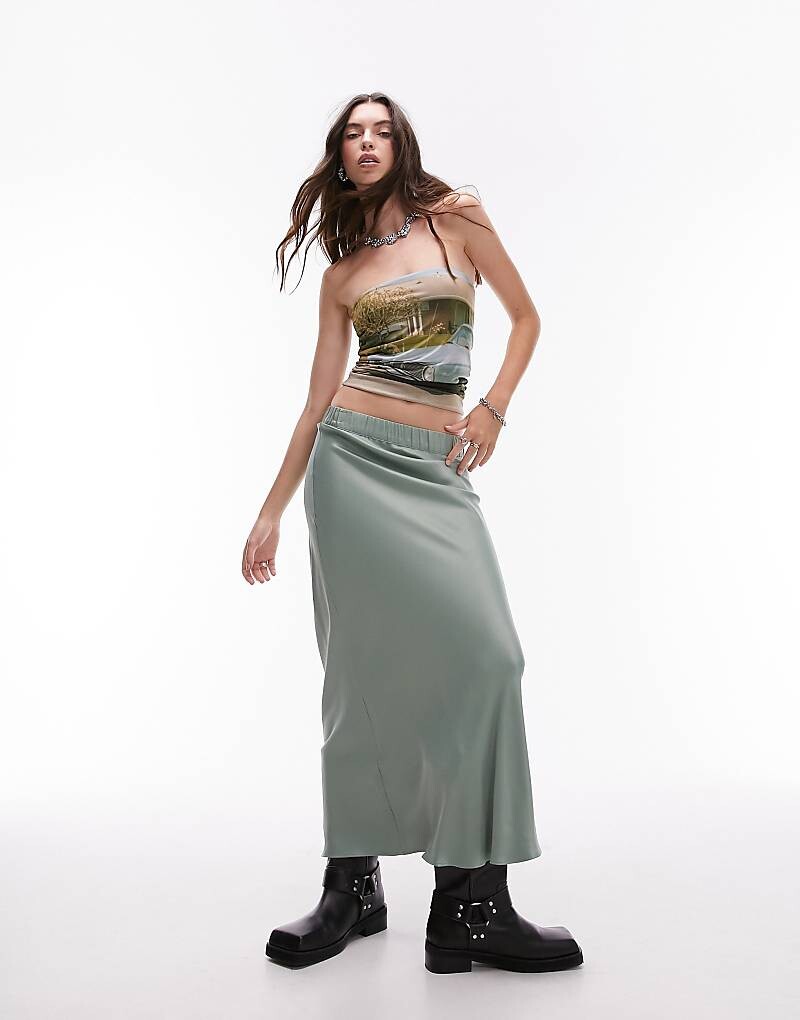 

Topshop – Асимметричная атласная юбка макси цвета морской волны с эластичным поясом