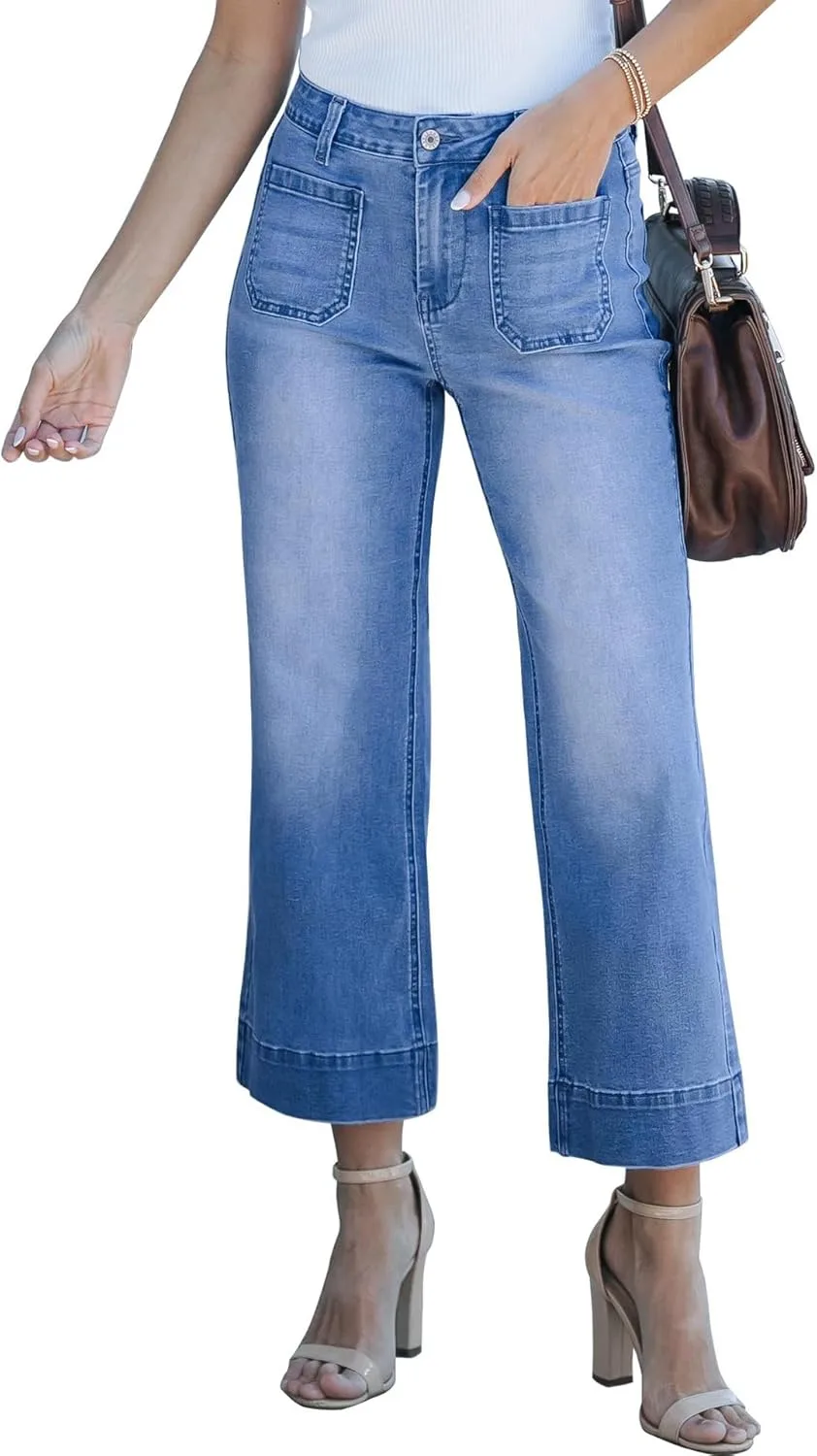 

Lisskolo женские джинсы кроп с широкими штанинами mid-waisted flare straight leg stretchy denim с передними карманами в стиле пэчворк