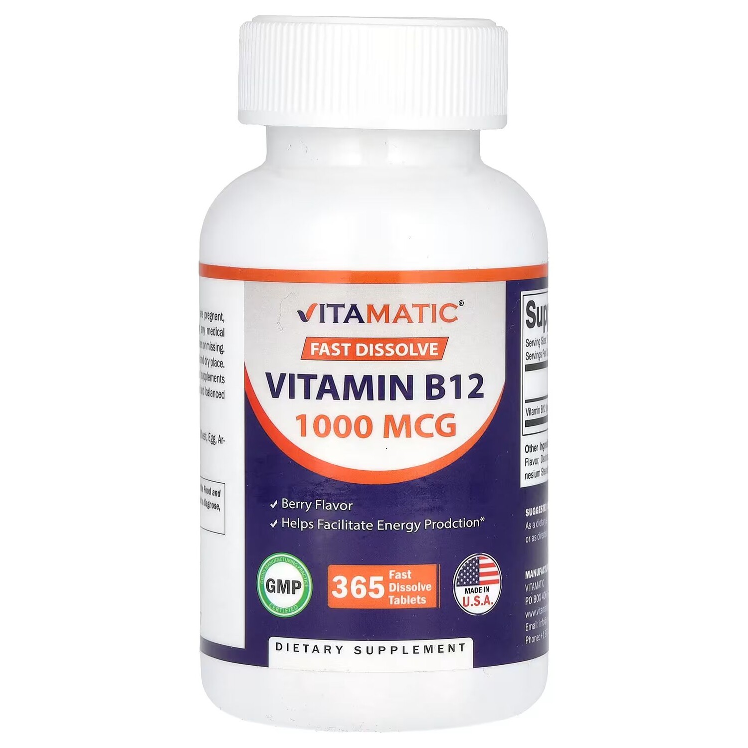 

Витамин B12, ягоды, 1000 мкг, 365 быстрорастворимых таблеток Vitamatic