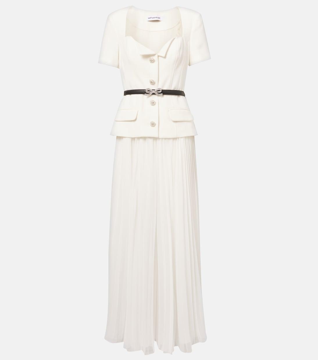 

Поясное плиссированное креповое макси-платье Self-Portrait, белый
