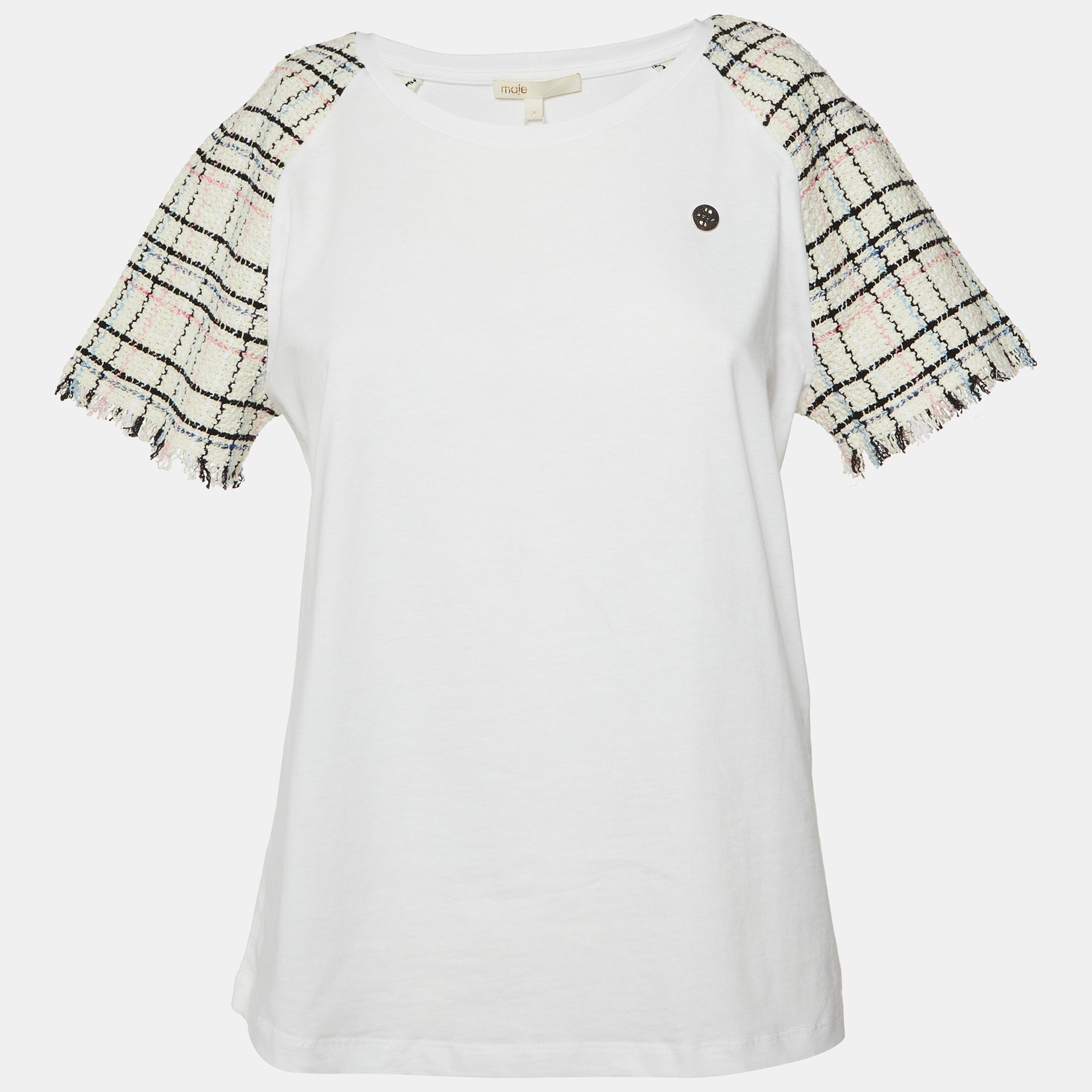 

Футболка Maje из белого хлопкового твида с рукавами и круглым вырезом, Белый, Футболка Maje из белого хлопкового твида с рукавами и круглым вырезом