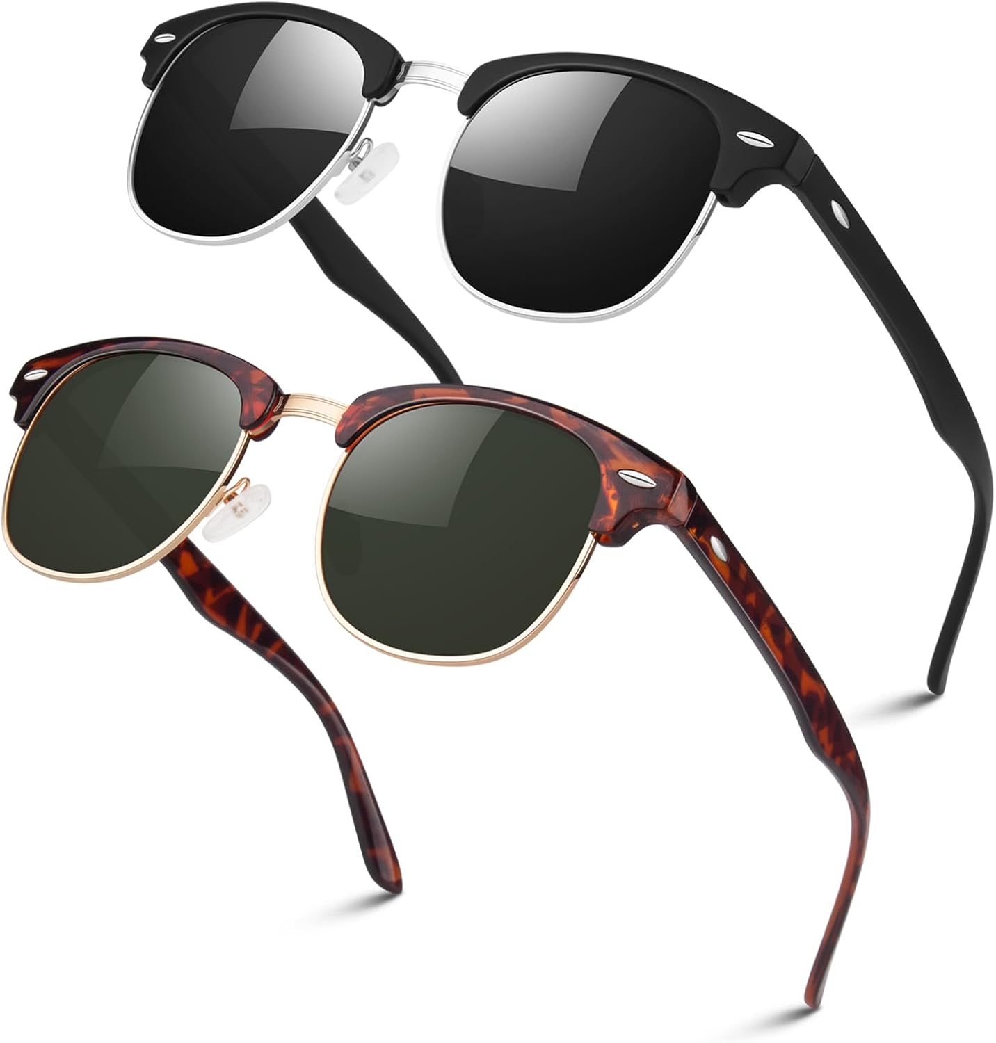 

Поляризованные солнцезащитные очки LINVO в полуободковой оправе для мужчин и женщин, классические ретро-очки в полуободковой оправе для вождения с защитой от УФ-излучения, B Matte Black Silver Rim / Tortoise Green