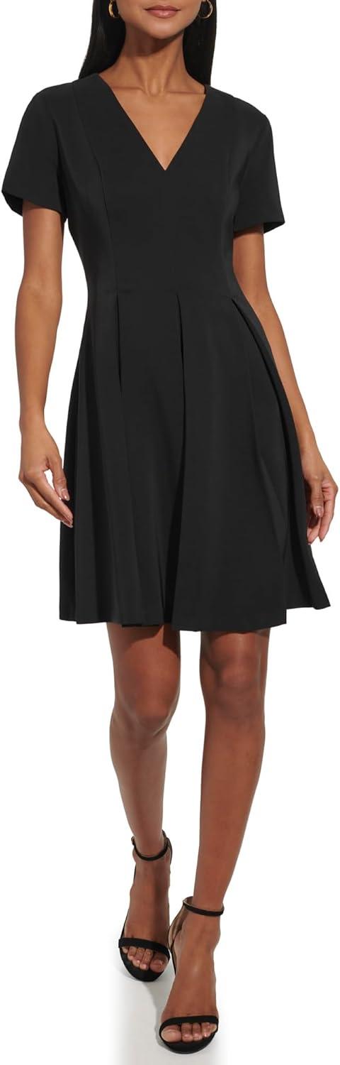 

Женское мини-платье Tommy Hilfiger с короткими рукавами, V-образным вырезом и плиссированной юбкой, облегающее и расклешенное, Black