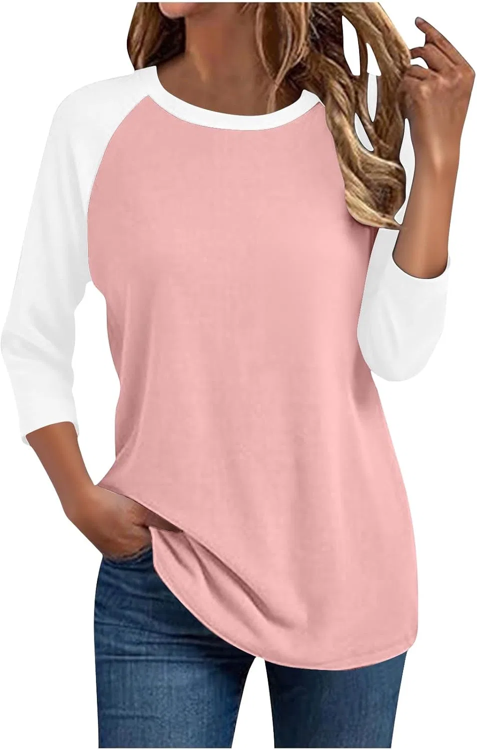 Блуза с рукавом 3/4, цветовая блокировка, Generic, Pink