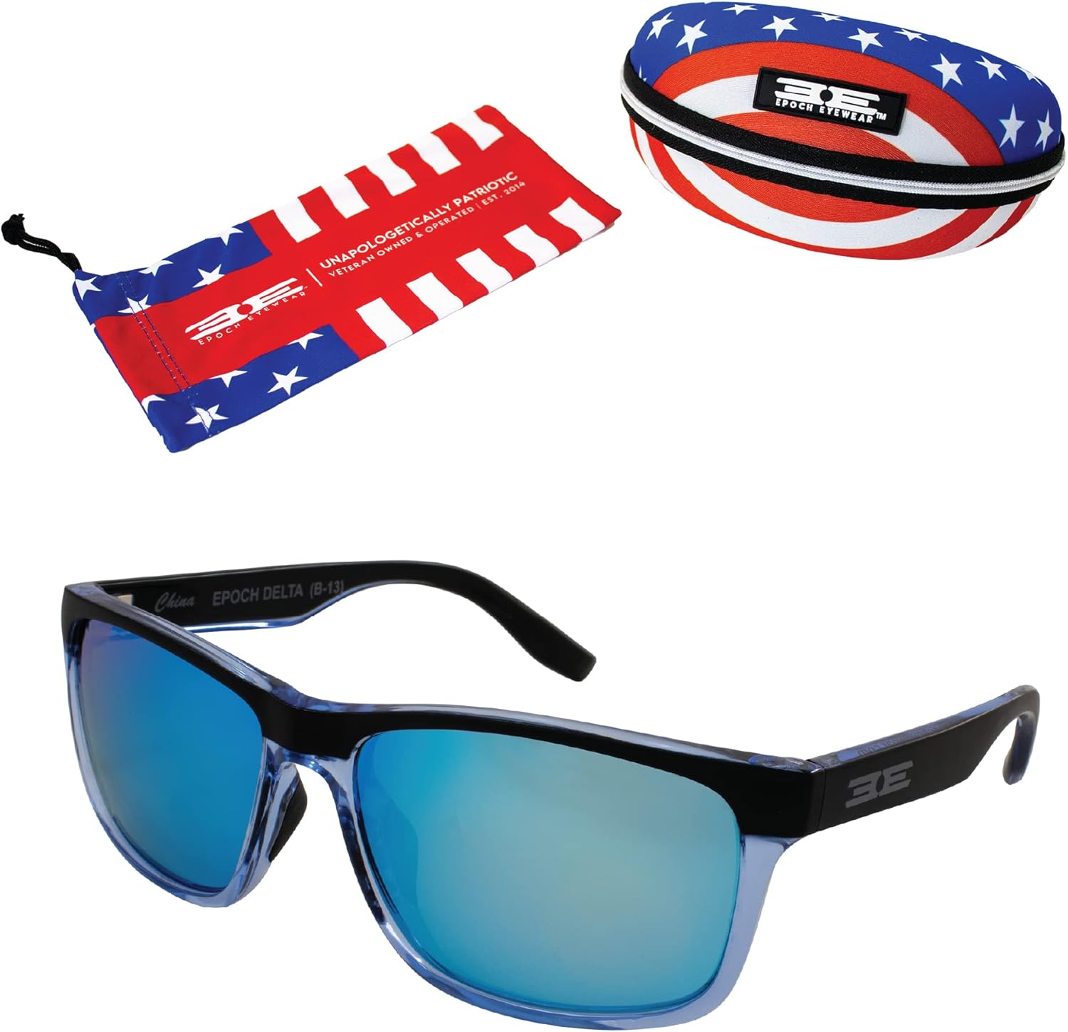 

Поляризованные солнцезащитные очки Epoch Eyewear Delta Sport с чехлом в виде американского флага и микрофибровым мешочком, оправа цвета «кристально-синий», черные линзы с синим зеркальным покрытием, Blue