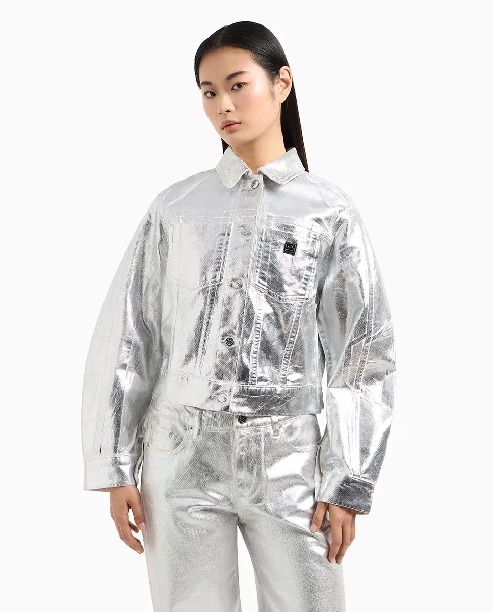 

Женская куртка с металлическим отливом и короткой талией Armani Exchange, серебряный