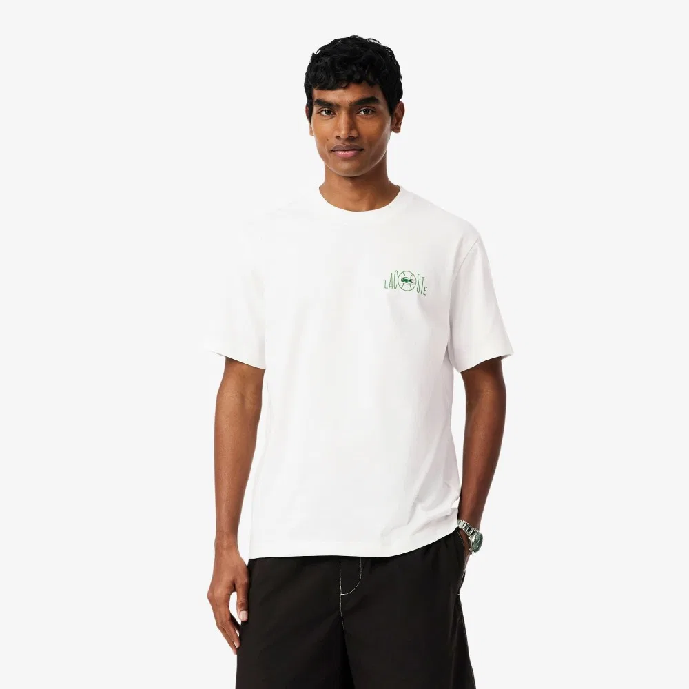 Футболка мужская Lacoste с графическим принтом теннисного корта, цвета слоновой кости — фото 3