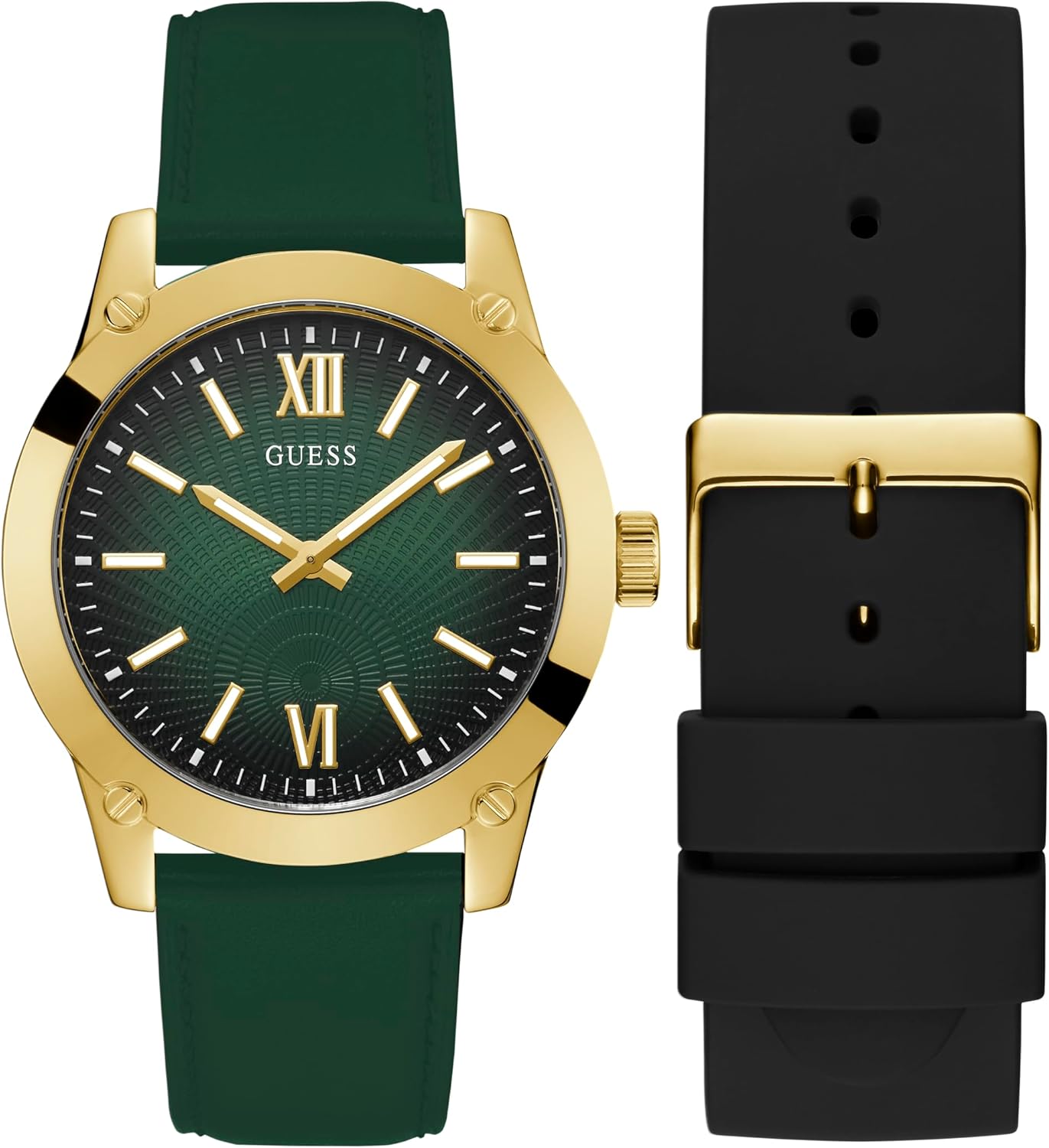 

GUESS мужские часы 44 мм - сменные ремешки, зеленый циферблат, корпус золотистого тона, Позолоченный, GUESS мужские часы 44 мм - сменные ремешки, зеленый циферблат, корпус золотистого тона