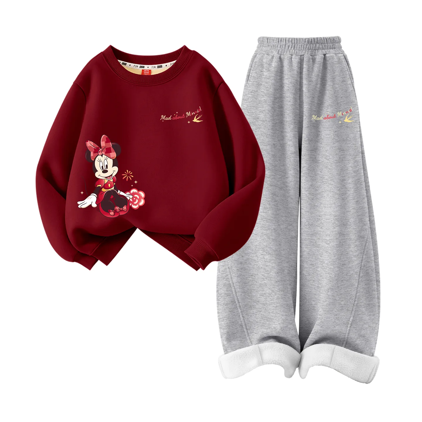 Детская повседневная спортивная футболка с круглым вырезом Disney, [Thickened and Fleece-Lined]Di Tianshi Window Pattern K Burgundy+Di Tianshi K Heather Gray