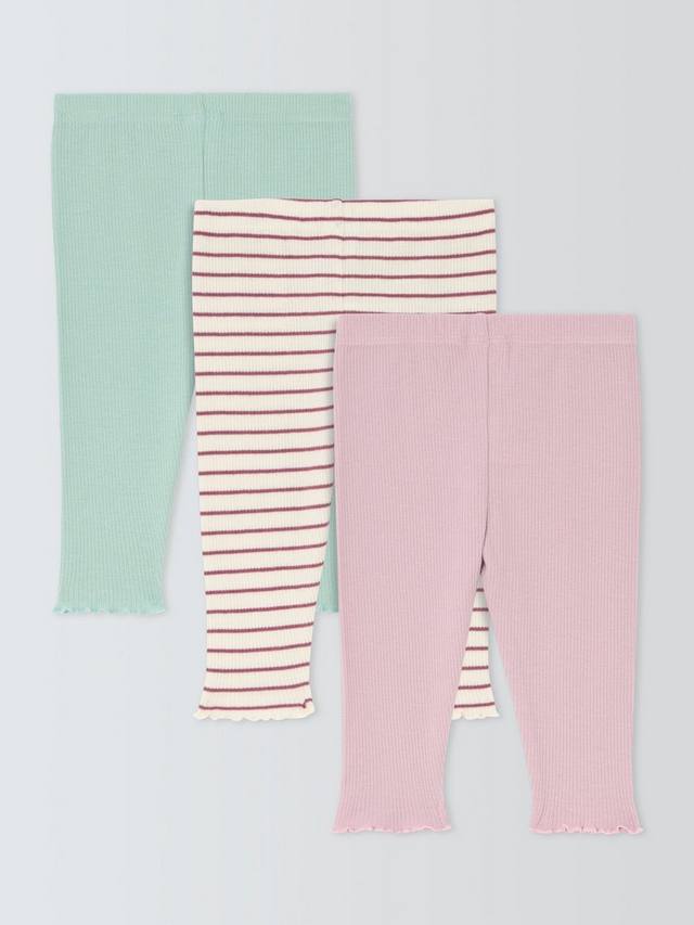 Детские ребристые легинсы с гладкой и полосатой отделкой John Lewis, Pack of 3, Pink — фото 2