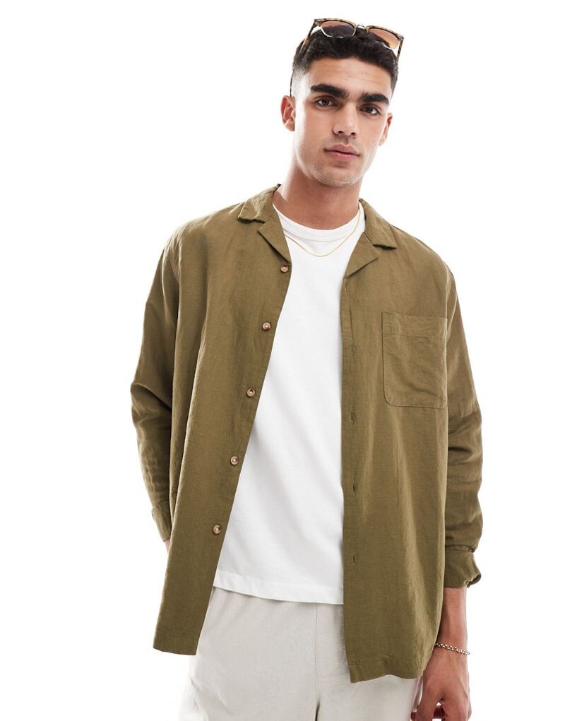 

Свободная льняная рубашка цвета хаки с накладными карманами ASOS DESIGN