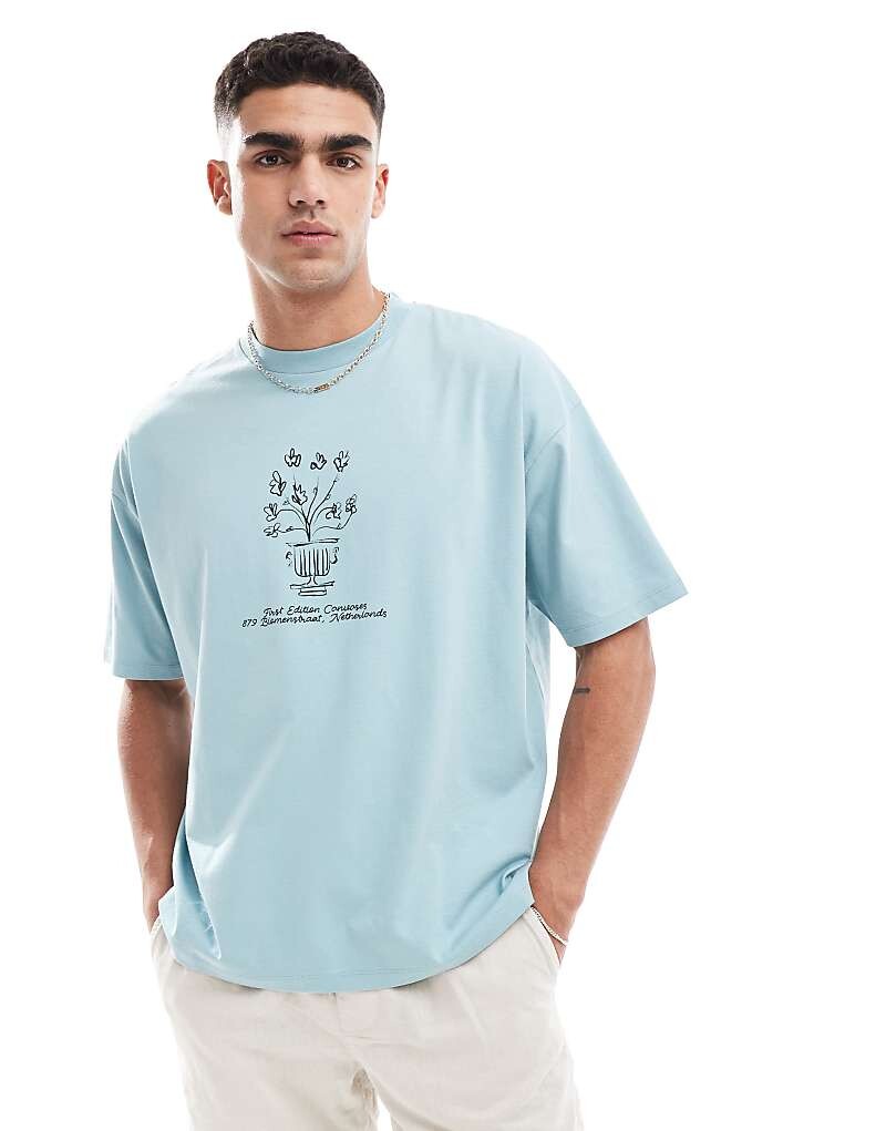 

ASOS DESIGN – Синяя футболка оверсайз с цветочным принтом спереди