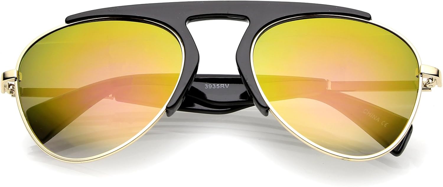 

zeroUV - Солнцезащитные очки-авиаторы с массивной перемычкой над бровями, оправой в форме замочной скважины, цветными зеркальными линзами, диаметр линз 56 мм, Shiny Black-gold / Pink-gold Mirror