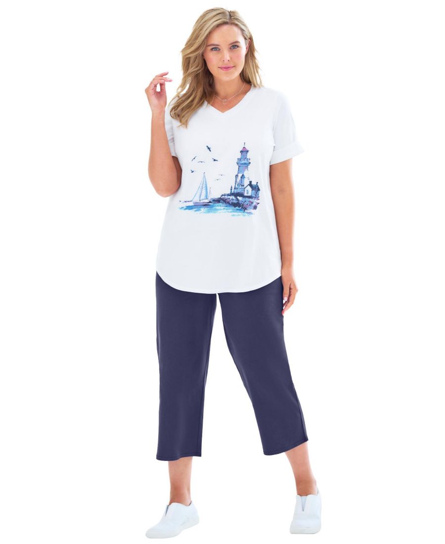 

Комплект из двух частей: туника с V-образным вырезом и капри большого размера Woman Within, Navy seaside