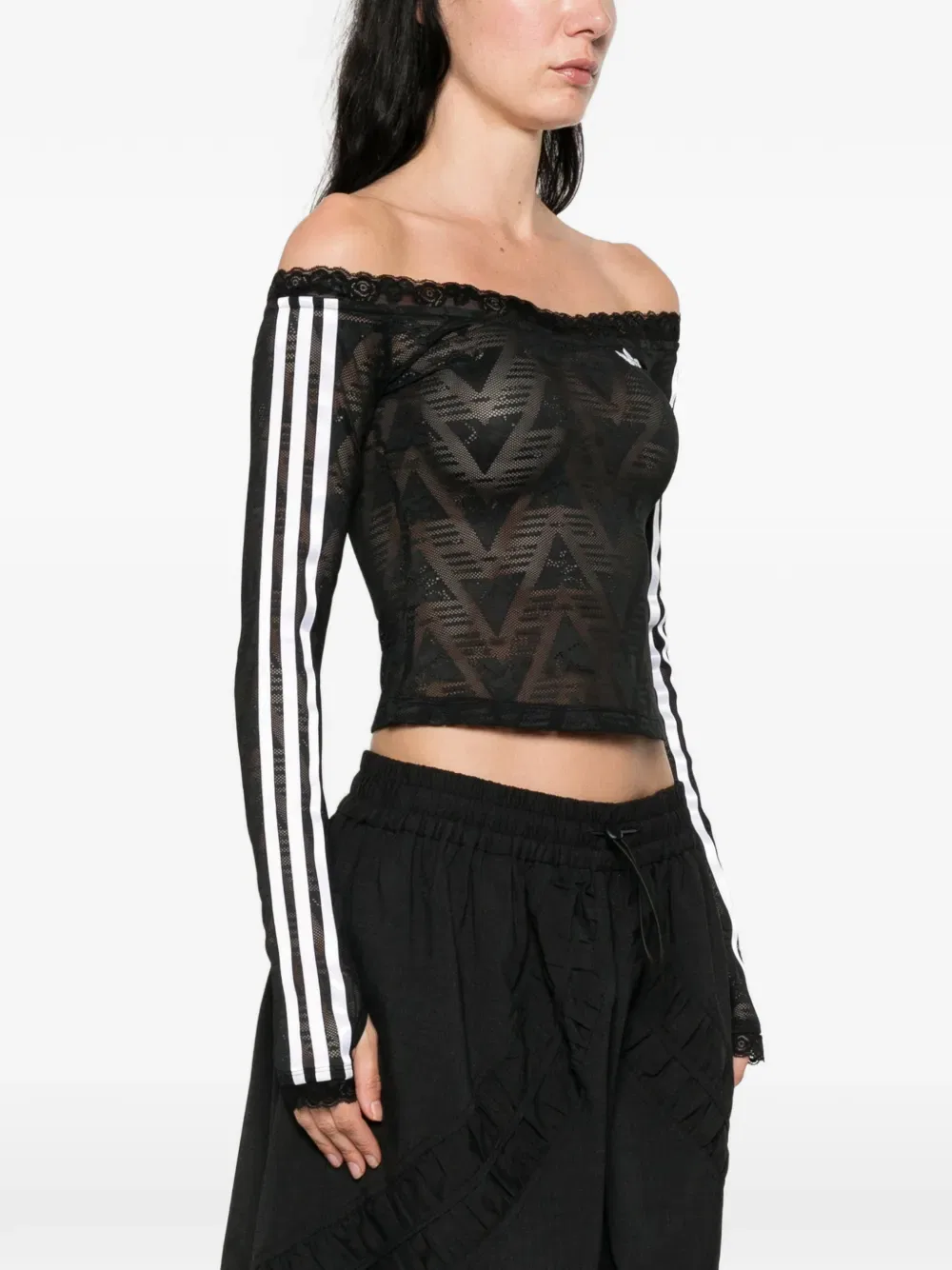 Топ в полоску с кружевной отделкой Adidas, черный — фото 3