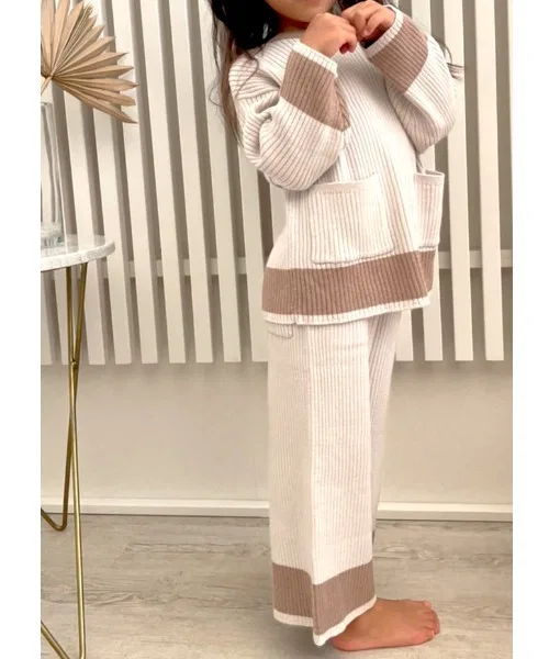 Комплект детской пижамы Contrast Rib Knit Top & Wide Pants Set, бежевый