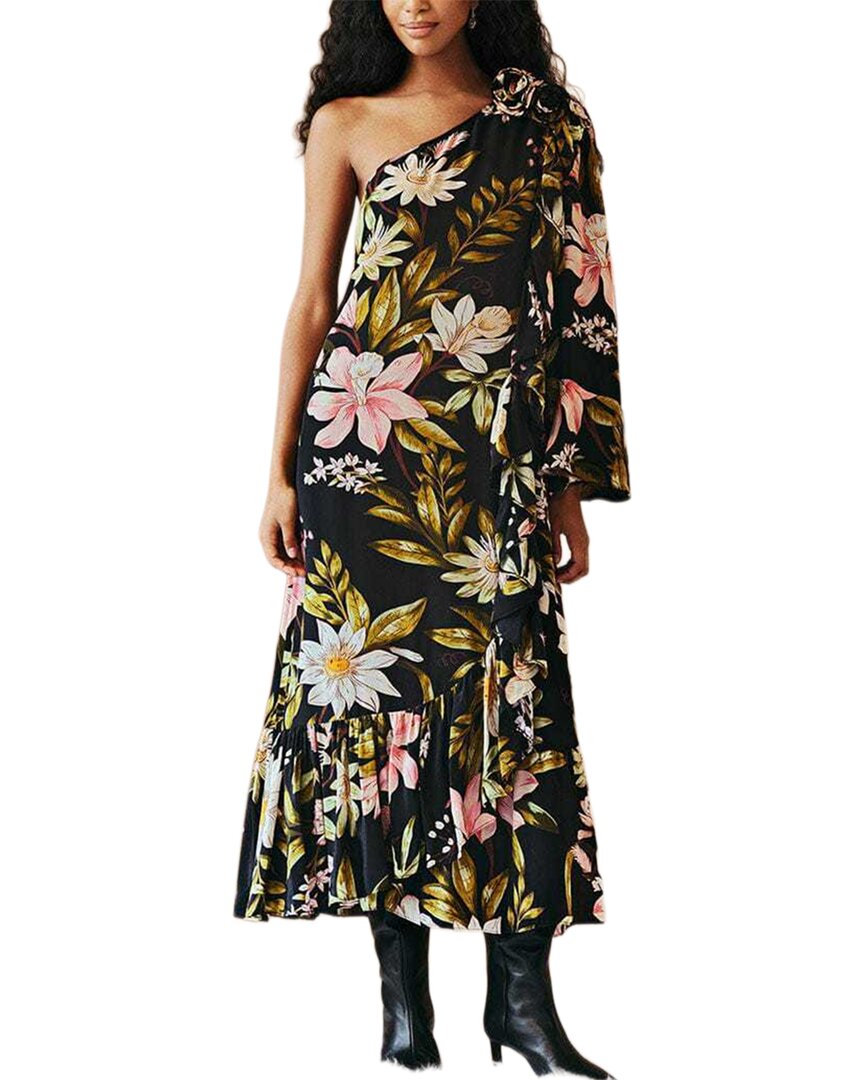 

Платье-макси FARM Rio Surreal Flowers, черное, на одно плечо, с оборками