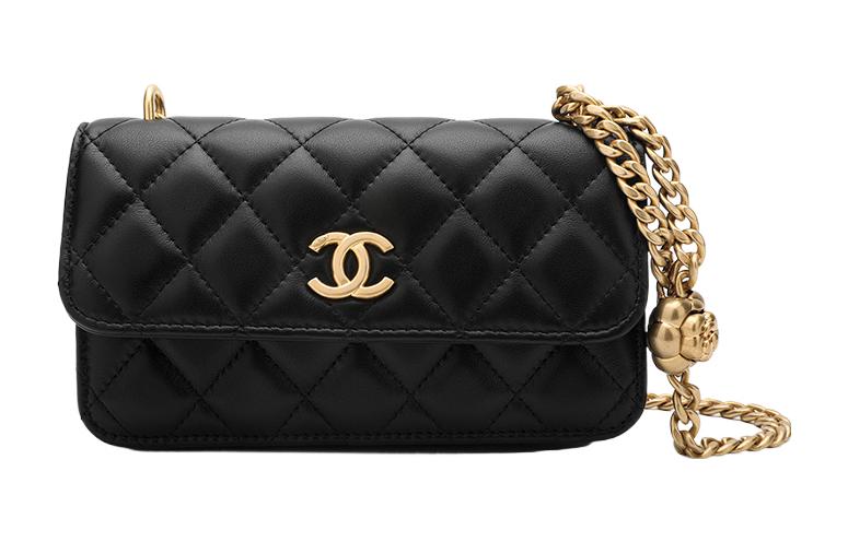 

CHANEL Сумка через плечо с регулируемой пряжкой и цепочкой, логотипом CC золотого цвета, держателем для телефона, черная