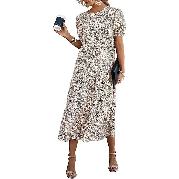 

Женское летнее повседневное платье в стиле бохо с цветочным принтом, рюшами и пышными рукавами, высокая талия, миди Megaretailer