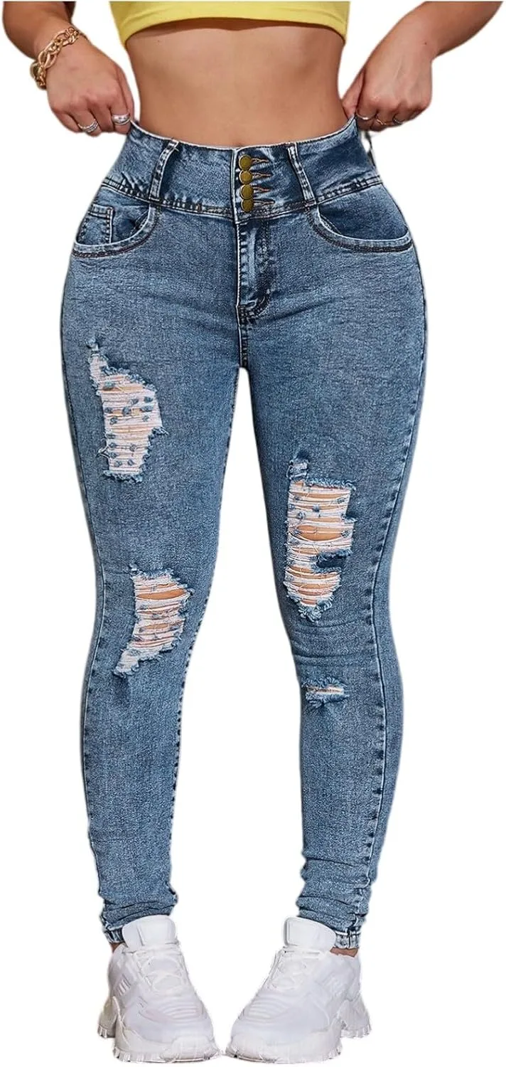 

Рваные скинни джинсы для женщин High Waisted Curvy Stretch