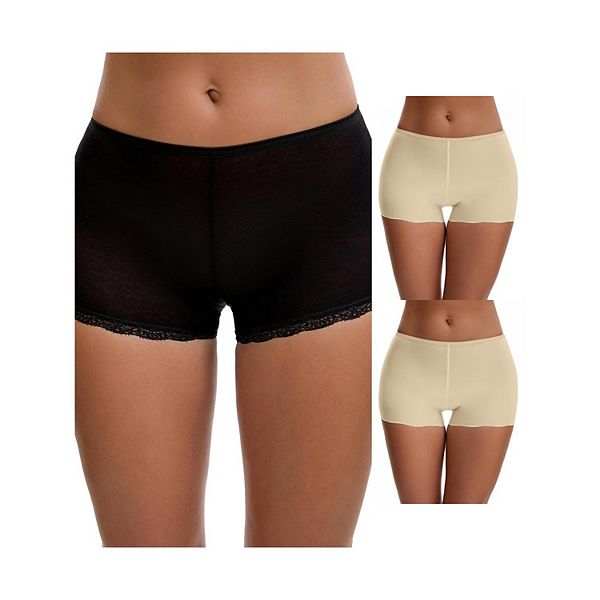 

3 пары женских бесшовных слип-шорт из айс-шелк с кружевной отделкой под платья Inspire Chic, Beige Black Lace