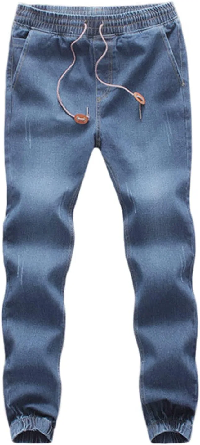 Джинсы с разрывами, стрейч, Mens Ripped Jeans Fashion Stretch Denim Sweatpants Elastic Waist and Ankles Drawstring Joggers with Pockets, Light Blue