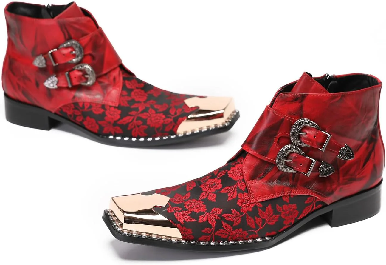 

Мужские сапоги Santimon Cowboy для вечеринок, красные, повседневные, кожаные, с металлическим квадратным носком, цветочной пряжкой, челси, модные мужские ботинки до щиколотки в западном стиле для мальчиков, красный